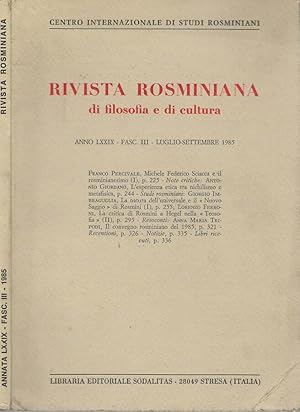 Bild des Verkufers fr Rivista Rosminiana di filosofia e di cultura Anno LXXIX-Fasc.III 1985 zum Verkauf von Biblioteca di Babele