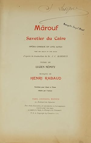 Image du vendeur pour Mrouf Savetier du Caire Opra-Comique en Cinq Actes Tir des Mille et Une Nuits d'aprs la traduction du Dr. J. C. Mardrus . Partition pour Chant et Piano rduite par l'Auteur. [Piano-vocal score] mis en vente par J & J LUBRANO MUSIC ANTIQUARIANS LLC