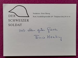 Bild des Verkufers fr Visitenkarte der Redaktion Ernst Herzig (d.i. Ernie Hearting), Basel, Gundeldingerstr. 209 "Der Schweizer Soldat" zum Verkauf von ANTIQUARIAT H. EPPLER