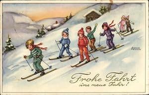 Image du vendeur pour Knstler Ansichtskarte / Postkarte Petersen, H., Glckwunsch Neujahr, Kinder fahren Ski mis en vente par akpool GmbH