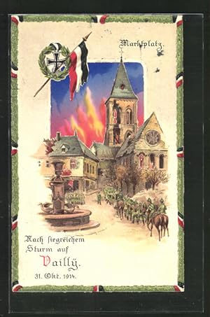 Bild des Verkufers fr Ansichtskarte Vailly, Deutsche Truppen beim Einzugin die brennende Stadt, Halt gegen das Licht zum Verkauf von Bartko-Reher