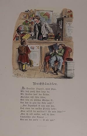 Imagen del vendedor de Buchhndler. Kolorierter Holzstich von Zschchel nach Oscar Pletsch aus "Was willst Du werden". Berlin 1867, 26 x 19 cm (Blattgr.) a la venta por Antiquariat Johannes Mller