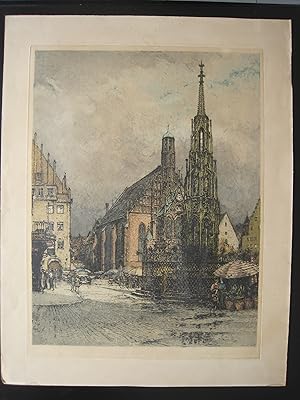 Bild des Verkufers fr Nrnberg, Schner Brunnen" Original-Radierung, Motiv: 54 x 41 cm; Blatt: 68 x 53 cm, etwas wasserfleckig im weien Rand, angestaubt, sonst guter altersgemer Zustand zum Verkauf von Antiquariat Schleifer