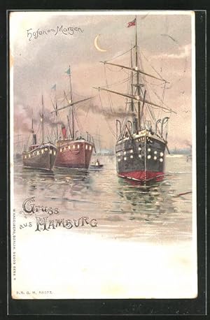 Image du vendeur pour Lithographie Hamburg, Hafen mit Schiffen am Morgen, Halt gegen das Licht mis en vente par Bartko-Reher