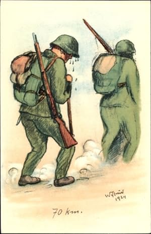 Künstler Ansichtskarte / Postkarte Soldaten mit Gewehren und Rucksack laufen 70 km