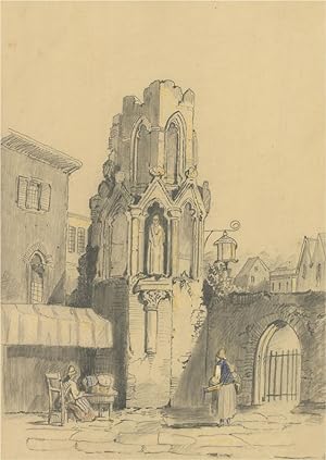 E.K.W - Signed 1874 Graphite Drawing, Figures Outside the Gate