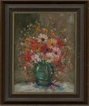 Contemporary Oil - Vibrant Flower in Green Vase