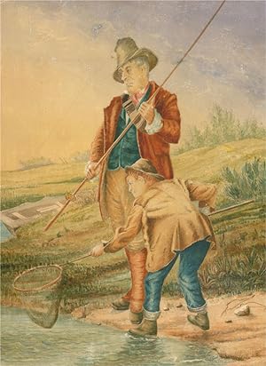 19th Century Watercolour - Salmon Fishing