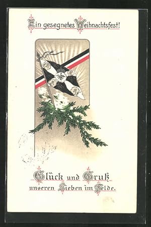 Präge-Ansichtskarte Weihnachtsgruss mit deutscher Fahne