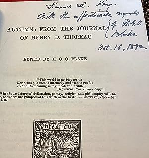 Seller image for Early Spring in Massachusetts and Summer and Winter and Autumn-- All Four "Season" Books & Signed Presentation copies. Inscribed by Harrison Gray Otis Blake, the editor of the journals. Signed presentation copies from the editior, H.G.O. Blake: "To Sarah L. King with the affectionate regards of H.G.O. Blake, October 16, 1892." Autumn & Winter are directly inscribed and dated by Blake at the top of their title pages. With a signed/inscription by H.G.O. Blake on a slip of paper laid into Early Spring. Summer is not signed. for sale by Brainerd Phillipson Rare Books