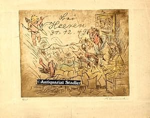 Bild des Verkufers fr Original-Exlibris. "Bei Heeren 31.12.49". Mutter und Kind im Bett schlafend, daneben ein sitzender Mann, der mit der Lupe Graphiken betrachtet. zum Verkauf von Antiquariat im Kloster