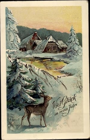 Präge Litho Glückwunsch Neujahr, Winterlandschaft mit Reh, Häuser