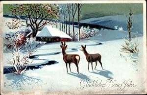 Ansichtskarte / Postkarte Glückwunsch Neujahr, Verschneite Landschaft, Reh und Rehbock
