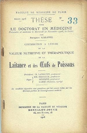 Valeur nutritive et thérapeutique de la Laitance et des Oeufs de Poissons