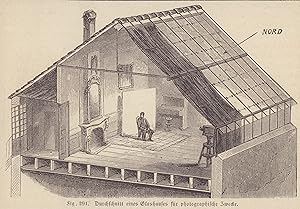 Seller image for Durchschnitt eines Glashauses für photographische Zwecke. Stahlstich von 1885 nach B. Strassberger. for sale by ANTIQUARIAT Franke BRUDDENBOOKS