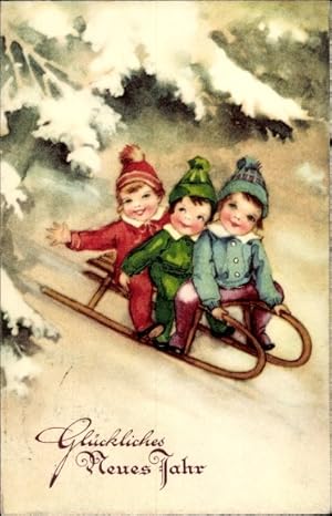 Ansichtskarte / Postkarte Glückwunsch Neujahr, Drei Kinder auf einem Schlitten