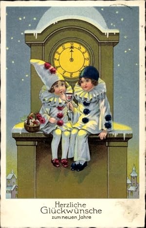 Ansichtskarte / Postkarte Glückwunsch Neujahr, Harlekine auf einem Kirchturm, Uhr