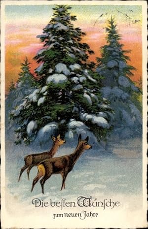 Ansichtskarte / Postkarte Glückwunsch Neujahr, Winterlandschaft mit Rehen und Tannen