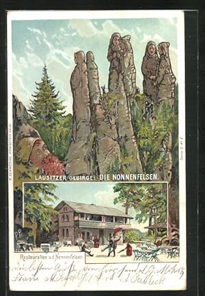 Lithographie Schwenke Ser. 5 Nr. 2: Lausitzer Gebirge, Restaurant a. d. Nonnenfelsen, Berg mit Ge...