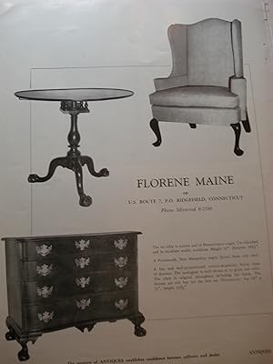 Seller image for Advertisement: Florene Maine, Ridgefield, Connecticut The Tea Table and the Salem Chest of Drawers for sale by Hammonds Antiques & Books