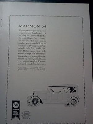 Seller image for Ad for Marmon 34 Automobiles "The Experience Gained." Nordyke & Marmon Company for sale by Hammonds Antiques & Books