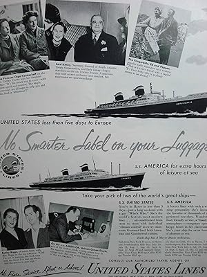 Seller image for Advertisement for United States Lines with Princess Olga Koudacheff, Lord Ismay, Bobby Riggs for sale by Hammonds Antiques & Books