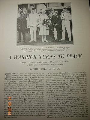 Seller image for Article: a Warrior Turns to Peace "Henry L. Stimson, As Secretary of State, Tries His Hand At Establishing Permanent World Security" for sale by Hammonds Antiques & Books