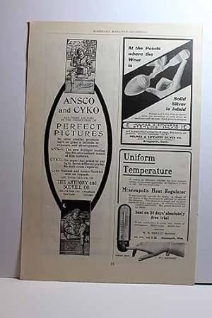 Seller image for Advertisement for Ansco and Cyko Perfect Pictures; Holmes & Edwards Sterling Inlaid; Uniform Temperature - Minneapolis Heat Regulator for sale by Hammonds Antiques & Books
