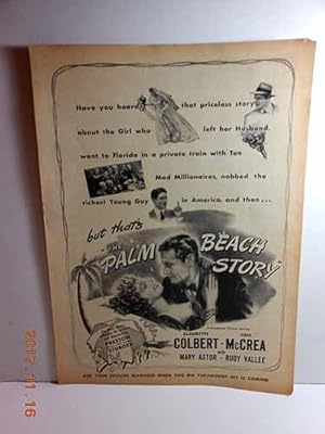 Immagine del venditore per Advertisement for the Palm Beach Story with Claudette Colbert, Joel Mccrea venduto da Hammonds Antiques & Books