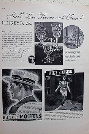 Seller image for Advertisement for Heisey Glass "She'll Love, Hobnor and Cherish Heiseys Too" Also, Ad for Portis Hats, and Buster Brown Shoes for sale by Hammonds Antiques & Books