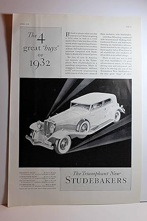 Seller image for Ad for Studebaker Automobiles "The 4 great 'buys' of 1932.The Triumphat New Studebaker" for sale by Hammonds Antiques & Books