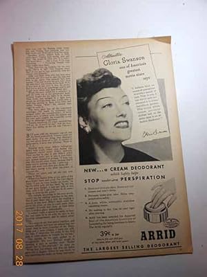 Immagine del venditore per Advertisement: Arrid Deodorant with Gloria Swanson "One of America's Greatest Movie Stars." venduto da Hammonds Antiques & Books