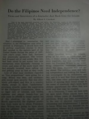 Seller image for Article: Do the Filipinos Need Independence? Views and Interviews of a Journalist Just Back from the Islands for sale by Hammonds Antiques & Books