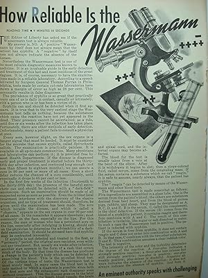 Seller image for Article: How Reliable is the Wassermann Test? "An Eminent Authority Speaks with Challenging Frankness of a Vital Weapon in Today's Fight for Better Lives.it Isn't Infallible!" for sale by Hammonds Antiques & Books