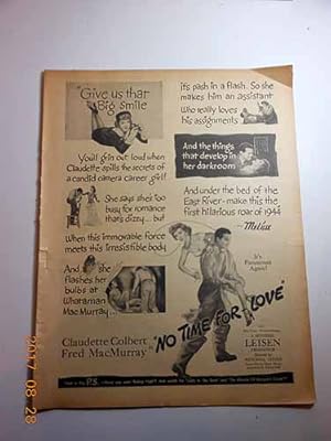 Immagine del venditore per Advertisement: "No Time for Love" Film with Fred Macmurray, Claudette Colbert venduto da Hammonds Antiques & Books