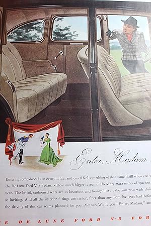 Seller image for Advertisement for Ford, the Deluxe V-8 for 1938 - a Beautiful Interior Illustration of This Automobile "Enter, Madam!" for sale by Hammonds Antiques & Books