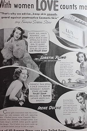 Seller image for Advertisement with Loretta Youngh, Irene Dunne for Lux Toilet Soap "With Women LOVE Counts Most" for sale by Hammonds Antiques & Books