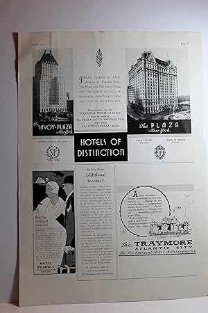 Seller image for Ad: Hotels of Distinction - Savoy-Plaza; the Plaza; Hotel Pearson; the Traymore Decorated by Mrs. Nellie V. Crane; Miss Gheen, Inc. ; Mrs. George Talmey; Vesta I. Giles for sale by Hammonds Antiques & Books