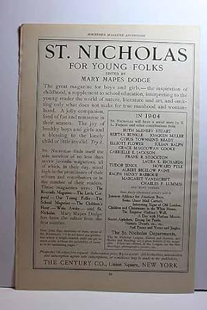 Seller image for Advertisement for St. Nicholas for Young Folks edited by Mary Mapes Dodge published by The Century Co. for sale by Hammonds Antiques & Books