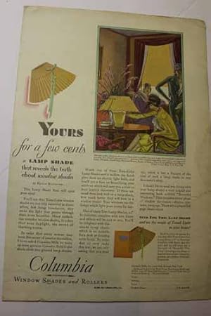 Seller image for Advertisement for Columbia Window Shades and Rollers with Beautiful Art Deco Scene in Color "Yours for a Few Cents a Lamp Shade." for sale by Hammonds Antiques & Books