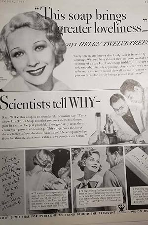 Immagine del venditore per Advertisement with Helen Twelvetrees for Lux Toilet Soap "this soap brings greater loveliness" says Helen Twelvetrees. Also Marie Stevens of Louisville, KY says "I wish every girl could know what this soap did for me." venduto da Hammonds Antiques & Books