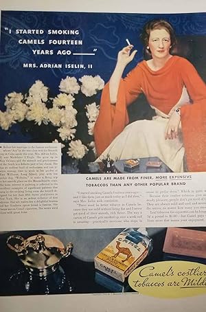 Immagine del venditore per Advertisement with Mrs. Adrian Iselin II for Caamel Cigarettes "I Started Smoking Camels Fourteen Years Ago." venduto da Hammonds Antiques & Books