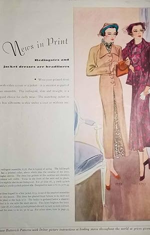 Bild des Verkufers fr Advertisement for Butterick Patterna: Redingotes and Jacket Dresses Are Headliners Illustrated with a Beautiful Fashion Drawing in Color zum Verkauf von Hammonds Antiques & Books