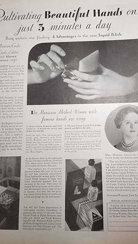 Immagine del venditore per Advertisement with Mrs. Howard Chandler for Cutex Liquid Polish "Cultivating Beautiful Hands on Just 3 Minutes a Day" venduto da Hammonds Antiques & Books