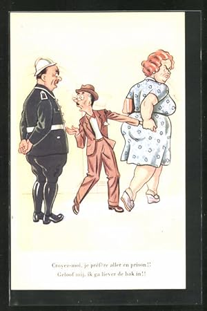 Bild des Verkufers fr Knstler-Ansichtskarte Mann sucht Schutz bei einem Polizisten vor seiner Frau zum Verkauf von Bartko-Reher