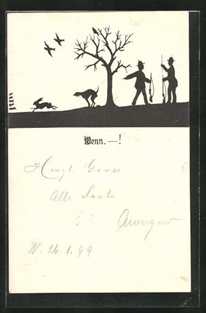 Bild des Verkufers fr Ansichtskarte Jger entdecken einen Hasen, Scherenschnitt zum Verkauf von Bartko-Reher