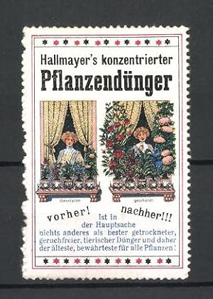 Bild des Verkufers fr Reklamemarke Hallmayer's konzentrierter Pflanzendnger, Frau mit Blumen am Fenster, Vorher, Nachher Vergleich zum Verkauf von Bartko-Reher