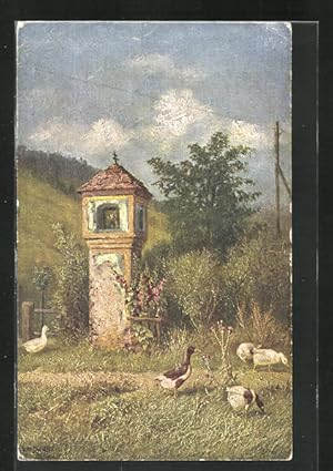 Bild des Verkufers fr Ansichtskarte Deutscher Schulverein Nr. 1062: Enten und Gnse vor einer kleinen Betstelle zum Verkauf von Bartko-Reher