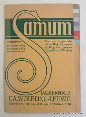 Bild des Verkufers fr Eine neue Gruppe preiswerter Umschlagpapiere fr Broschren, Romane, Zeitschriften und Vorstze. Werbebroschre von Papierhaus F. A. Wbling, Leipzig. O.O.u.Jahr (Leipzig, ca. 1930). 10 Bl. des Papiers in verschiedenen Farben, fcherfrmig angeordnet. Eingeheftet in Or.-Umschlag (aus dem beworbenen Papier); leicht verblasst. zum Verkauf von Jrgen Patzer