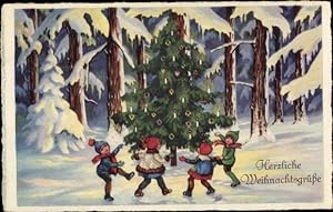Ansichtskarte / Postkarte Glückwunsch Weihnachten, Kinder tanzen um Tannenbaum